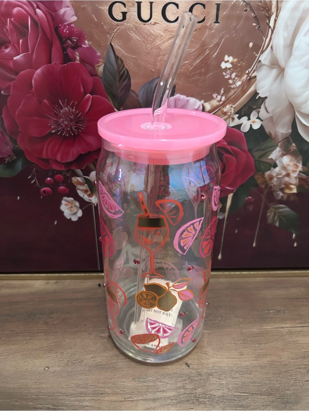 Pink Citrus Glass Tumbler with Straw - Picture 2 of 5